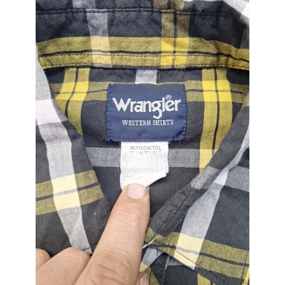 Vintage Wrangler Western Shirt XLT Black Yellow Plaid Pearl Snap Cowboy Rodeo - Picture 4 of 9